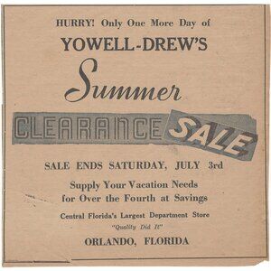1937 Yowell Drews Sales Partial Page Vintage Print Ad Orlando Florida u